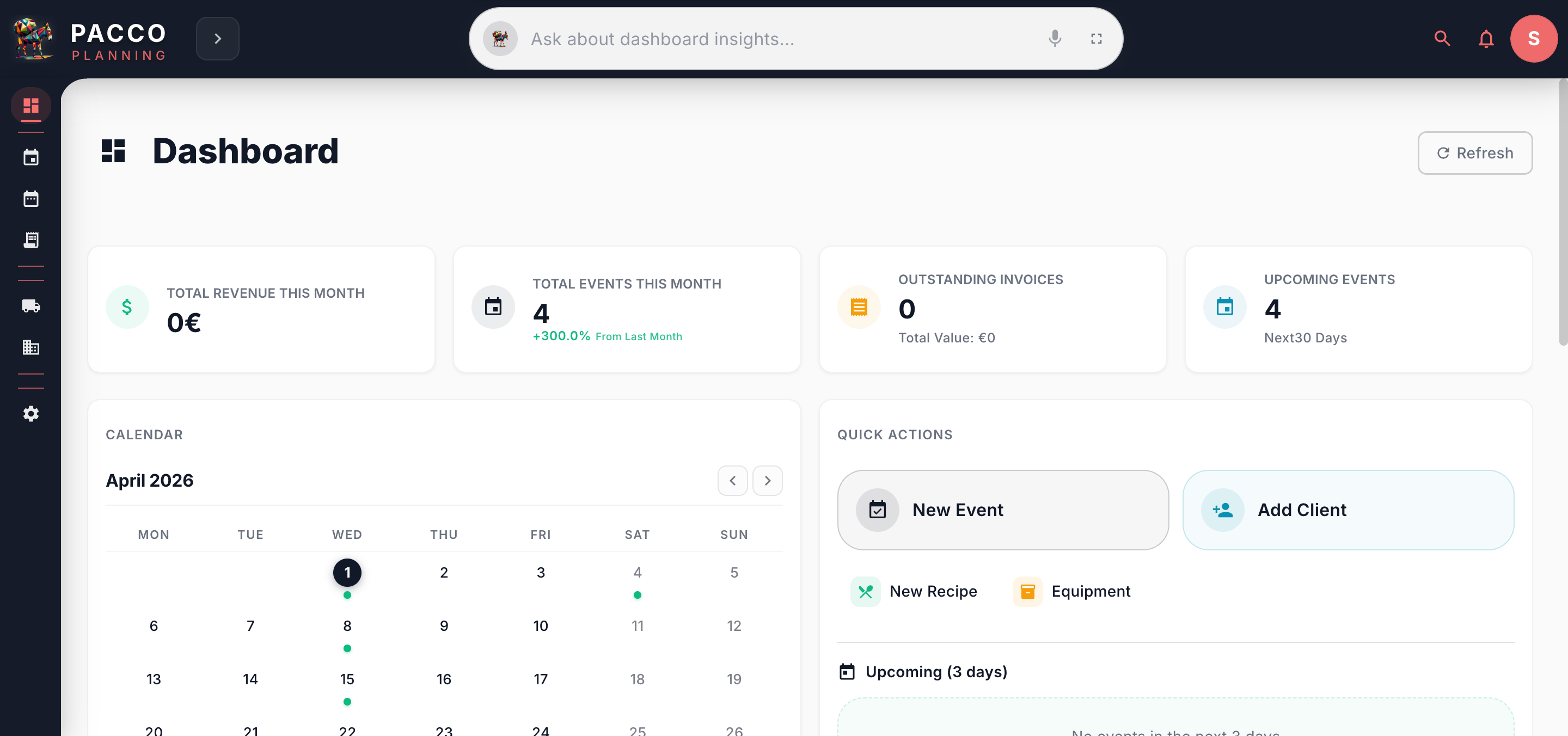 Pacco Planning Dashboard — Umsatz, Events und KPI-Uebersicht