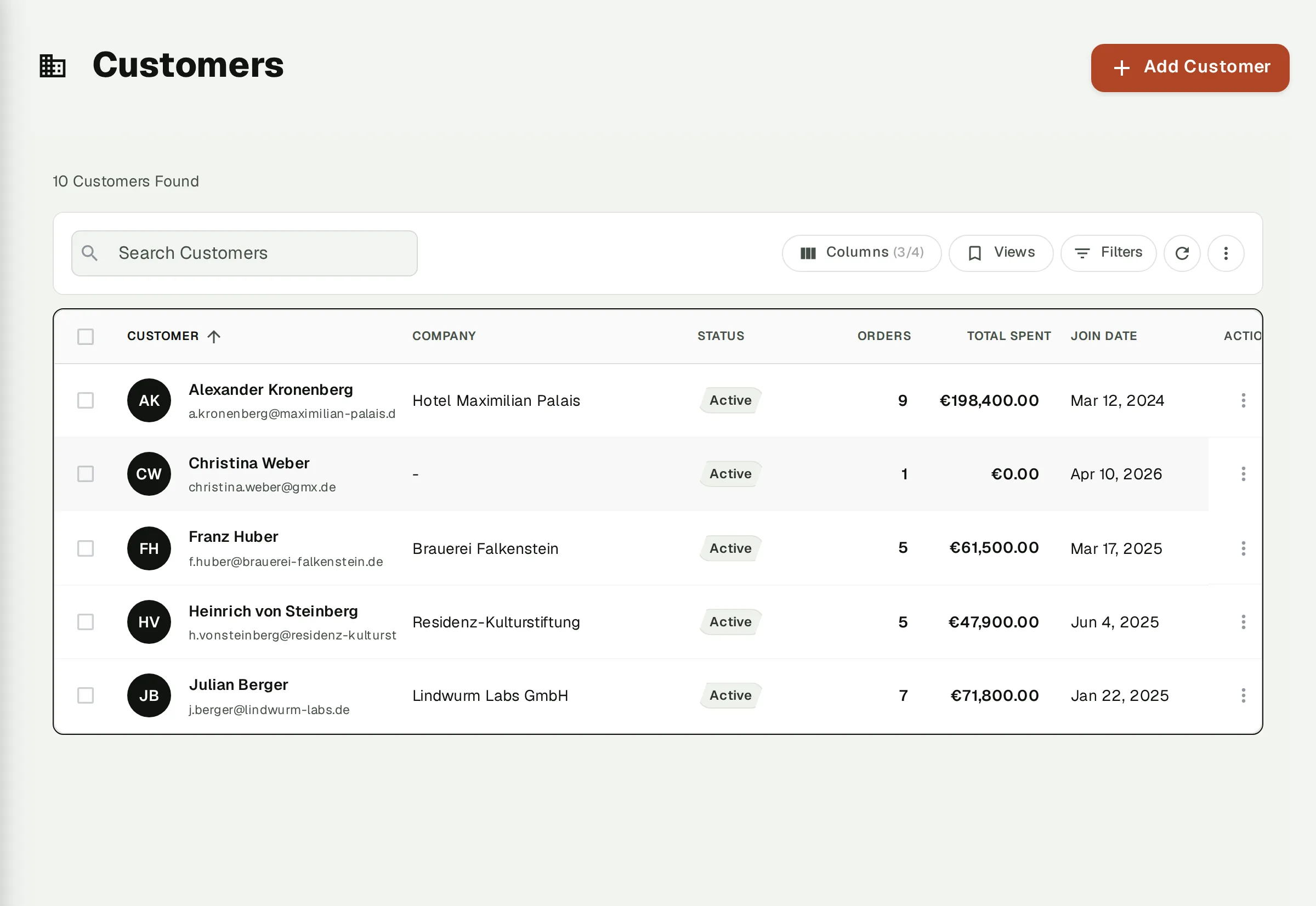 Pacco customer management (CRM) with companies, status and metrics