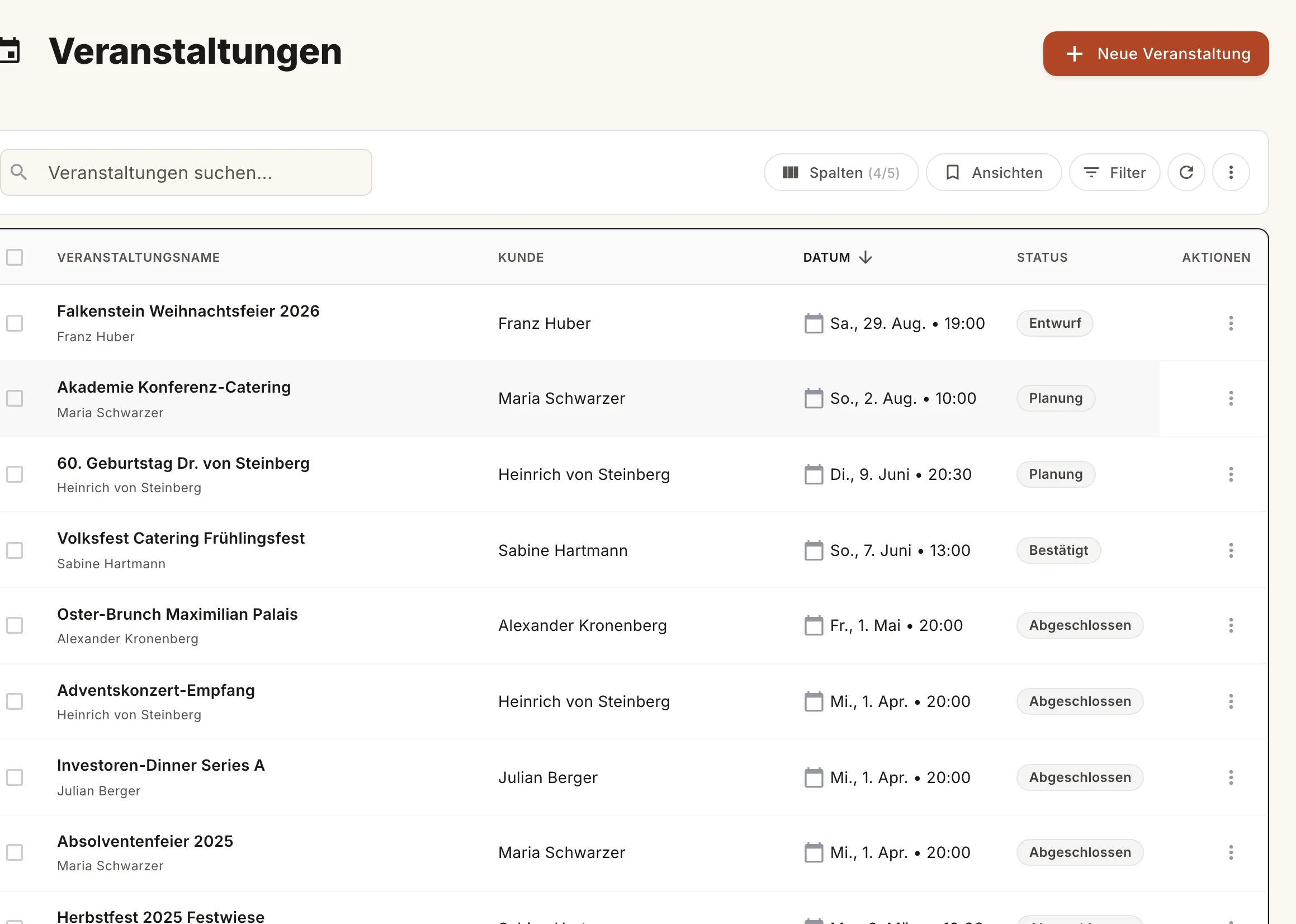 Pacco Veranstaltungsliste mit anstehenden Catering-Events, Kunden und Status