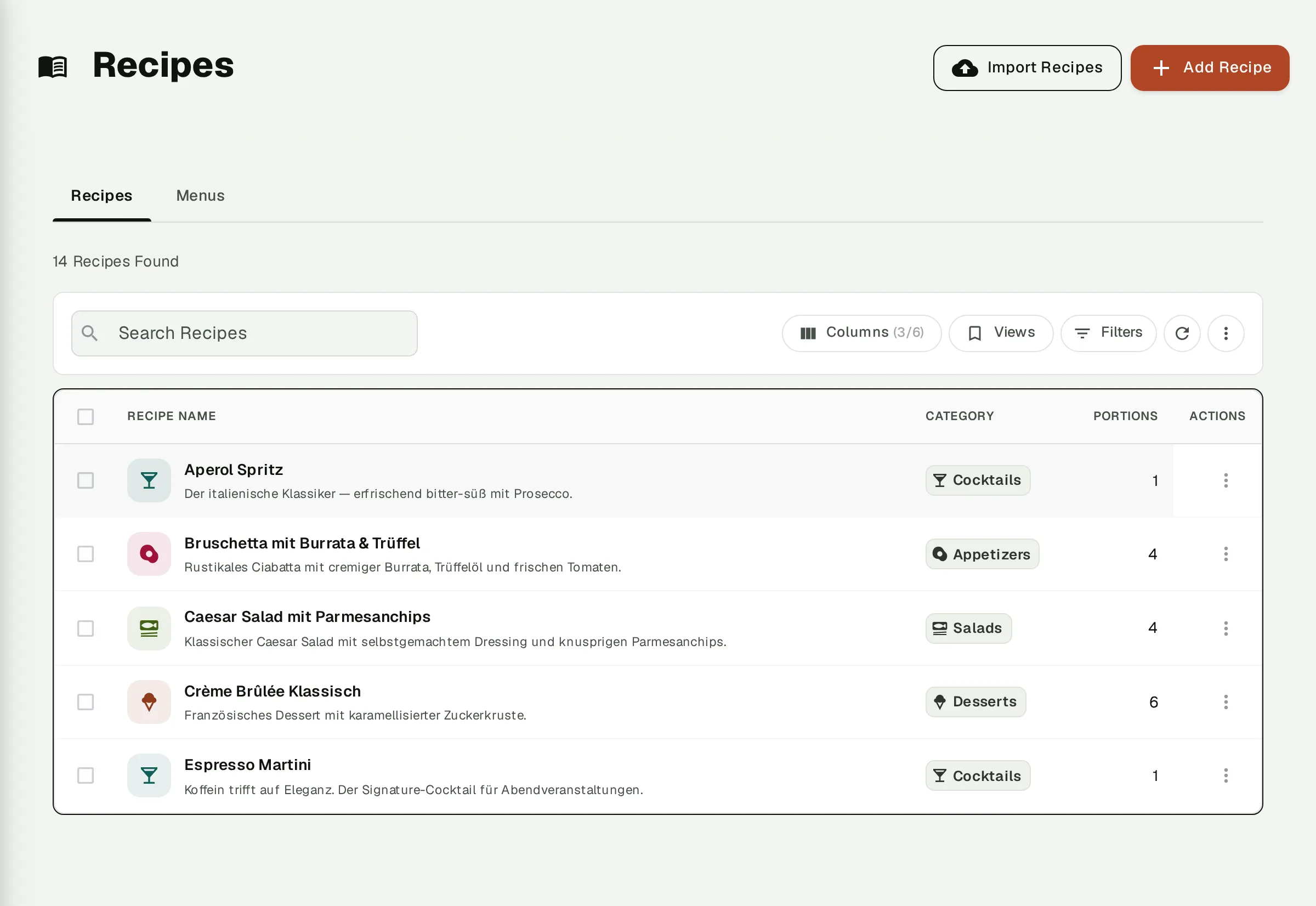 Pacco recipe database with categories, portions and costs