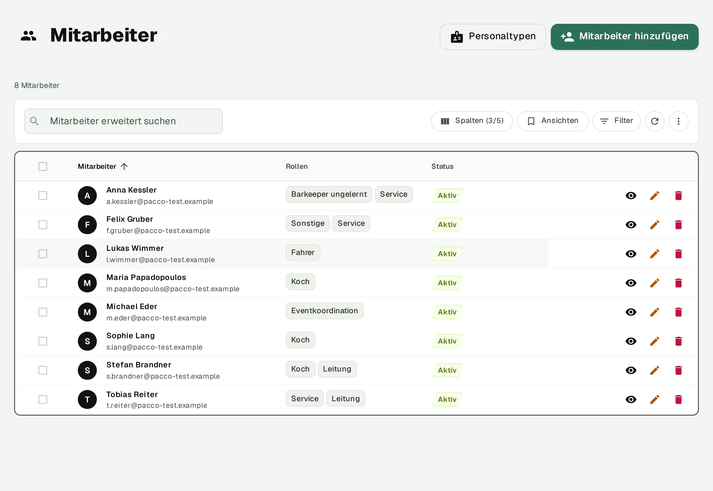 Pacco Mitarbeiterverwaltung mit Rollen und Status